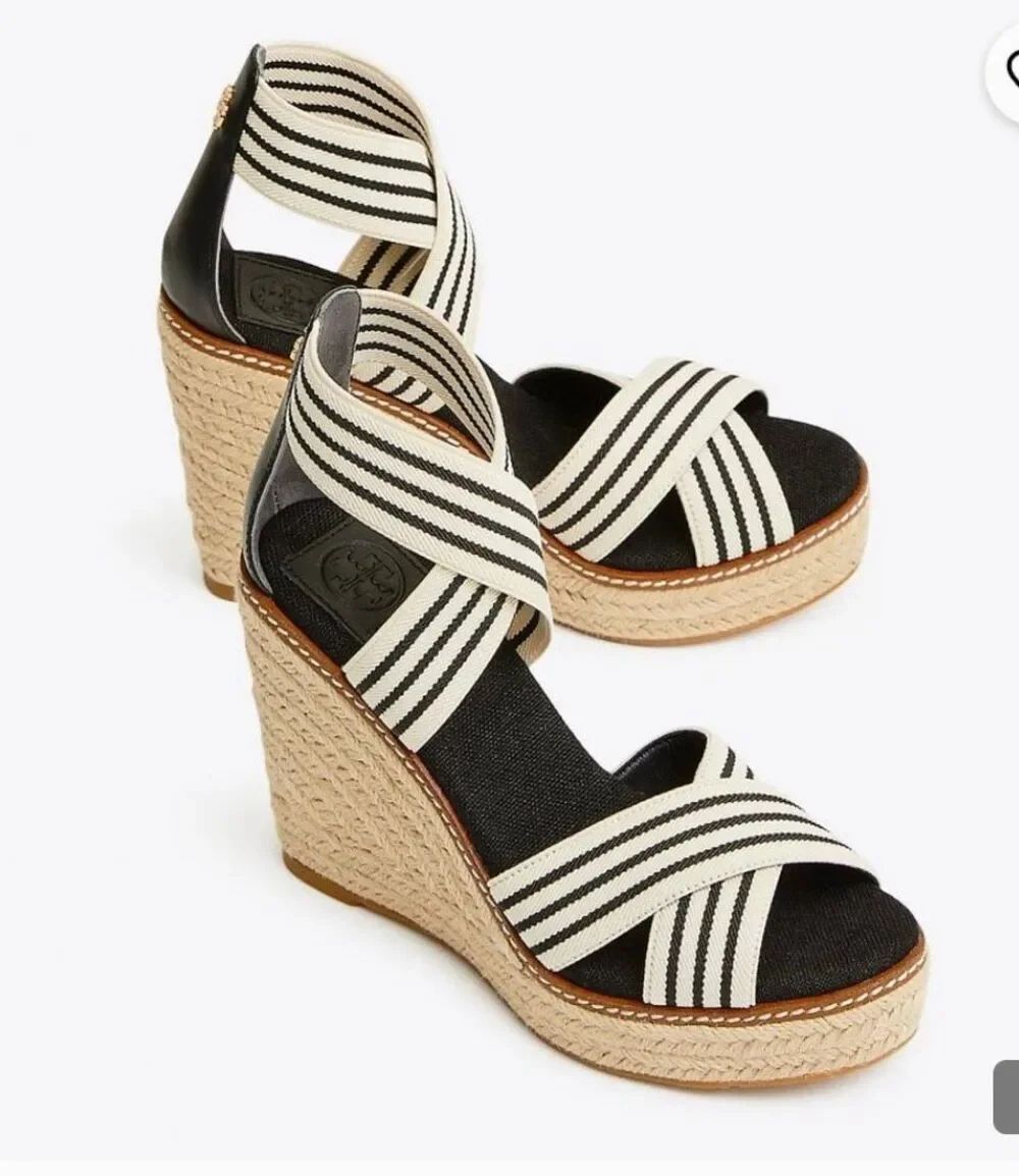 Tory Burch Frieda Black & Neutral Espadrille Wedge Sandals sz 11 NWOB